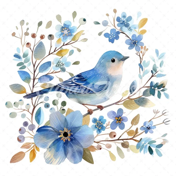 20 High-Quality Blue Bird Floral Clipart - Blue bird floral digital watercolor JPG instant download for commercial use - Digital download