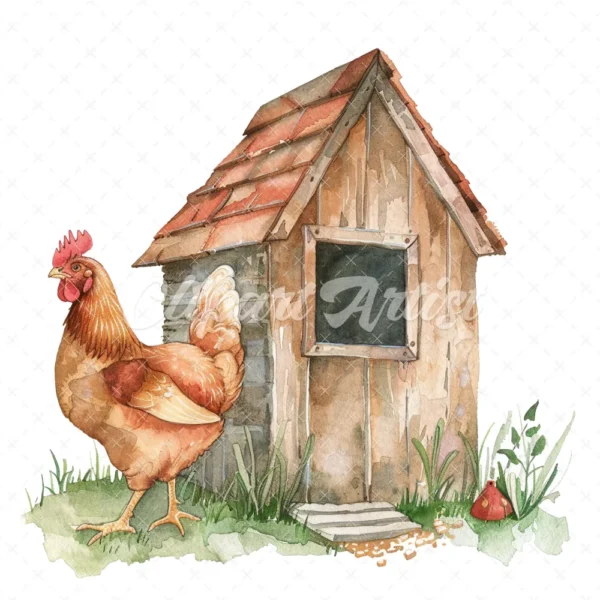 20 High-Quality Chicken Coop Clipart - Chicken coop digital watercolor JPG instant download for commercial use - Digital download