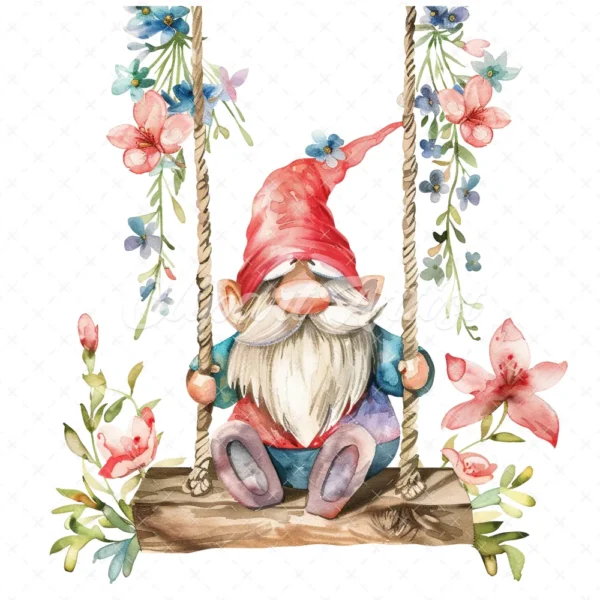 18 High-Quality Gnome on Swing Clipart - Gnome on swing wreath digital watercolor JPG instant download for commercial use - Digital download
