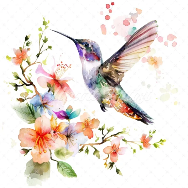 20 High-Quality Floral Hummingbird Clipart - Hummingbird digital watercolor JPG instant download for commercial use - Digital download