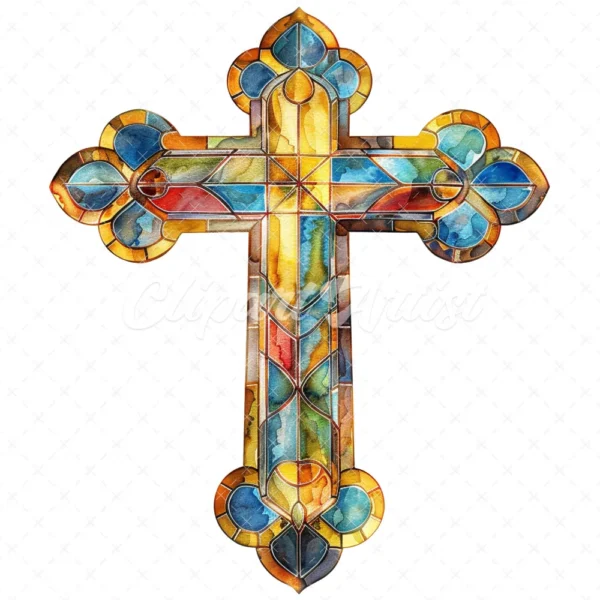 20 High-Quality Stained Glass Cross Clipart - Glass cross digital watercolor JPG instant download for commercial use - Digital download