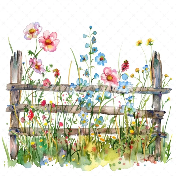 20 High-Quality Fence Wildflowers Clipart - Fence wildflowers digital watercolor JPG instant download for commercial use - Digital download