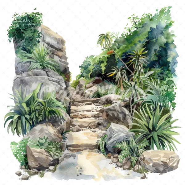 20 High-Quality Jungle Rocky Path Clipart - Jungle rocky path digital watercolor JPG instant download for commercial use - Digital download