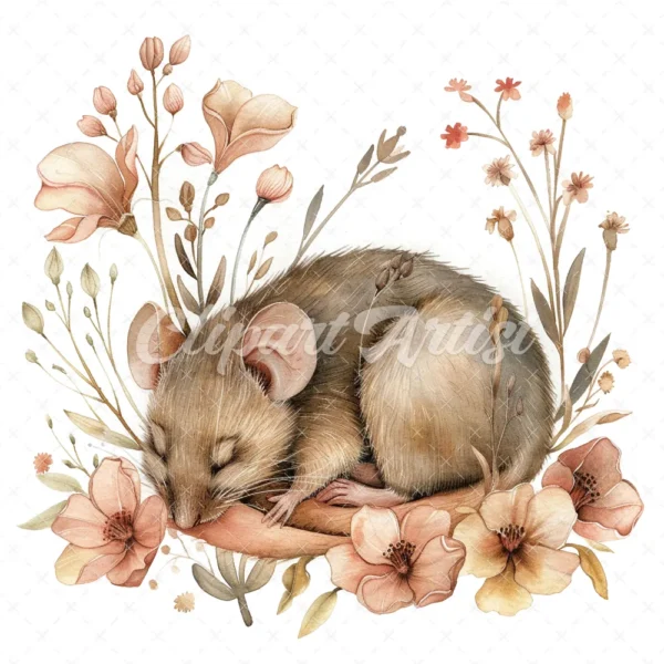 20 High-Quality Mice Sleep In Flower Clipart - Mice sleep digital watercolor JPG instant download for commercial use - Digital download
