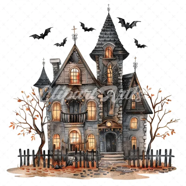 20 High-Quality Haunted House Clipart - Haunted house digital watercolor JPG instant download for commercial use - Digital download