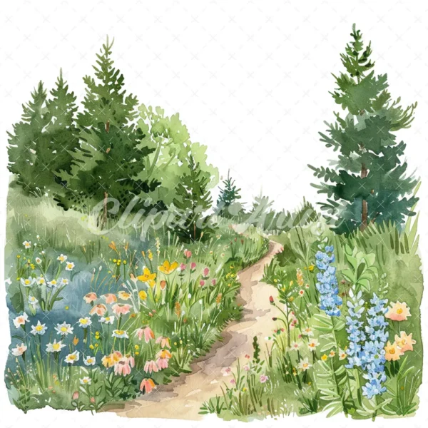 18 High-Quality Spring Meadow Trail Clipart - Spring meadow trail watercolor JPG instant download for commercial use - Digital download