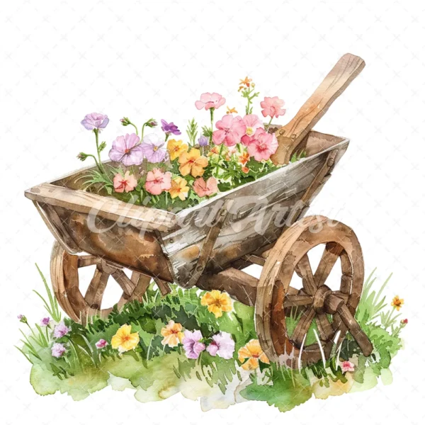 20 High-Quality Rustic Wheelbarrow Clipart - Wheelbarrow digital watercolor JPG instant download for commercial use - Digital download