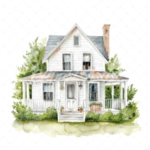 20 High-Quality Farmhouse Clipart - Farmhouse with flowers digital watercolor JPG instant download for commercial use - Digital download