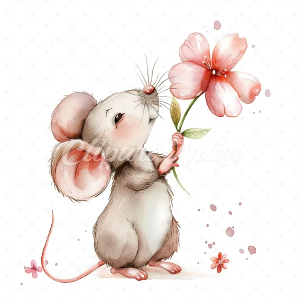 19 High-Quality Cute Mouse Clipart - Cute mouse with flower digital watercolor JPG instant download for commercial use - Digital download