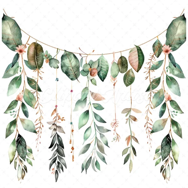 20 High-Quality Boho Leaves Garland Clipart - Boho leaf garland digital watercolor JPG instant download for commercial use -Digital download
