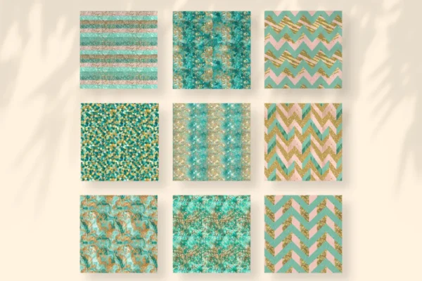 Teal and Gold Seamless Digital Paper - 63 Scrapbook patterns, Teal gold textures, Future journal and cards, Commercial use, Digital download