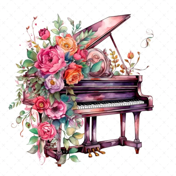 20 High-Quality Floral Piano Clipart - Floral piano digital watercolor JPG instant download for commercial use - Digital download