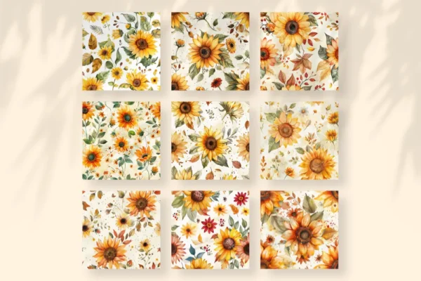 Sunflowers Seamless Digital Paper - 64 Scrapbook patterns, Seamless autumn backgrounds, Fall texture paper, Commercial use, Digital download