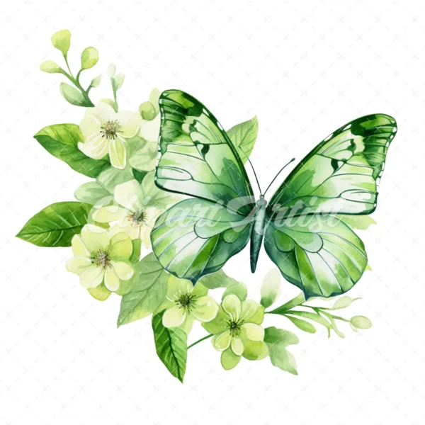 20 High-Quality Green Floral Butterfly Clipart - Butterfly digital watercolor JPG instant download for commercial use - Digital download