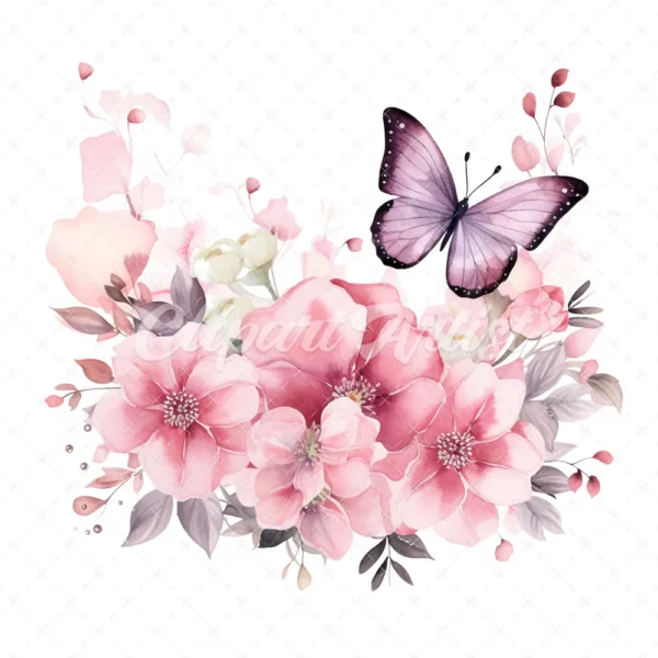 20 High-Quality Pink Floral Butterfly Clipart - Pink butterfly digital watercolor JPG instant download for commercial use - Digital download