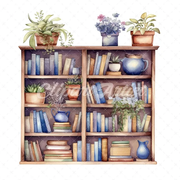 20 High-Quality Book Shelves Clipart - Book shelves digital watercolor JPG instant download for commercial use - Digital download