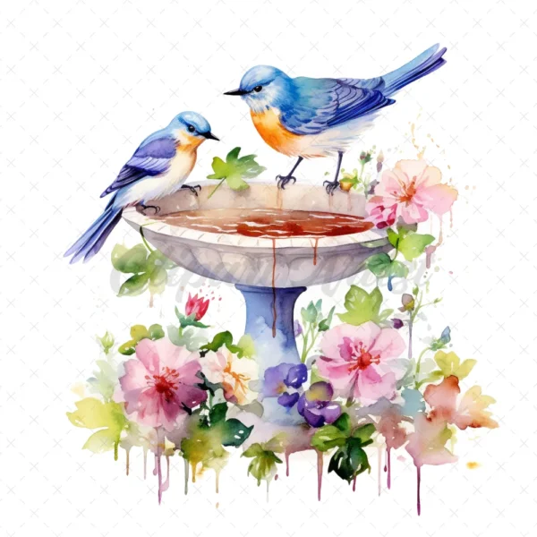 20 High-Quality Floral Birdbath Clipart - Floral birdbath digital watercolor JPG instant download for commercial use - Digital download