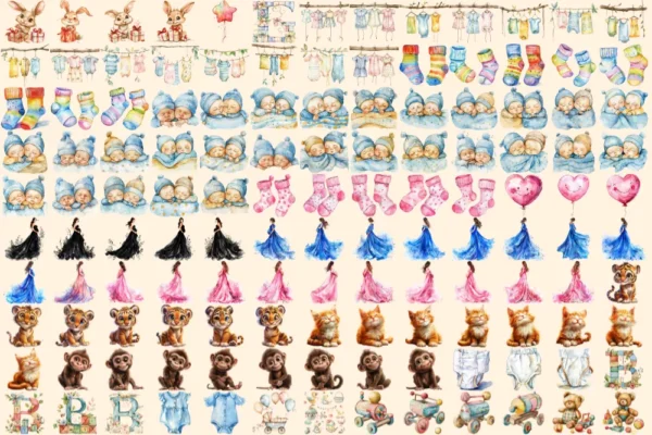 Baby Shower Watercolor Clipart Bundle - 900+ transparent PNG, Cherubic baby graphics, Adorable kids party, Commercial use, Digital download