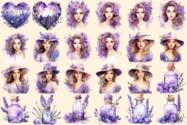 Lavenders Watercolor Clipart Bundle - 160+ transparent PNG, PNG of Tranquil summer lavender joy, Lavenders Commercial use, Digital download