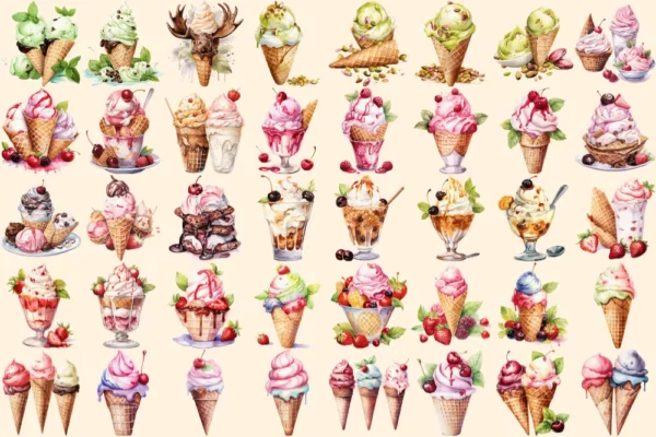 Ice Cream Watercolor Clipart Bundle - 260+ transparent PNG, Savory tasty desserts, Beach dessert, Sweets Commercial use, Digital download