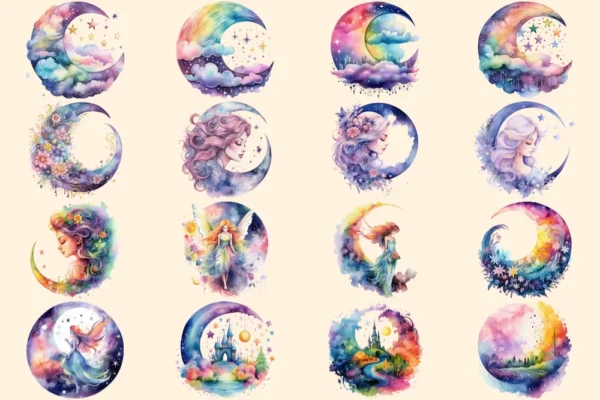 Dreamy Moons Clipart Bundle - 100+ transparent PNG, Fantasy fairytale moon art imagery, Enchanting moon png Commercial use, Digital download