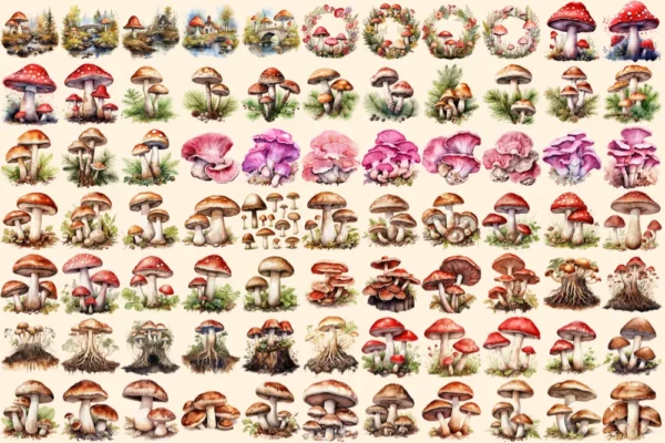 Mushrooms Watercolor Clipart Bundle - 520+ transparent PNG, Mushrooms png, Enchanted nature illustrations, Commercial use,Digital download