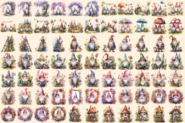 Gnomes Watercolor Clipart Bundle - 520+ transparent PNG, Enchanted gnome graphics png, Storybook gnome png, Commercial use, Digital download