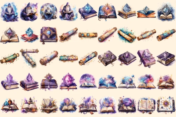Magical Books Watercolor Clipart Bundle - 310+ transparent PNG, PNG of galaxy book, Mystical stellar images Commercial use, Digital download
