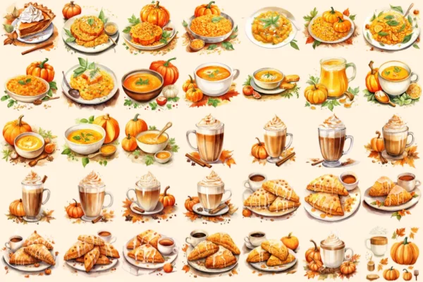 Pumpkin Spice Watercolor Clipart Bundle - 240+ transparent PNG, Warm autumn art, Pumpkin PNG, Fall drinks, Commercial use, Digital download