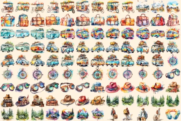 Travel Watercolor Clipart Bundle - 730+ transparent PNG, Adventure, Wanderlust , Vacation holiday graphics, Commercial use, Digital download
