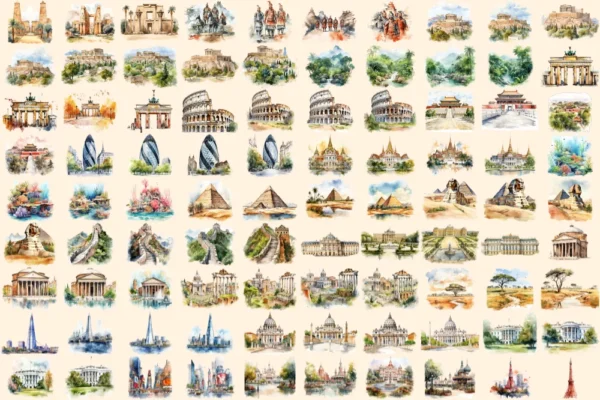 Landmarks Watercolor Clipart Bundle - 620+ transparent PNG, Popular landmark graphics, top wonders clipart, Commercial use, Digital download