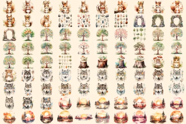 Boho Woodland Animals Watercolor Clipart Bundle - 586+ transparent PNG, Forest, Fox Bear Deer Owl Raccoon, Commercial use, Digital download