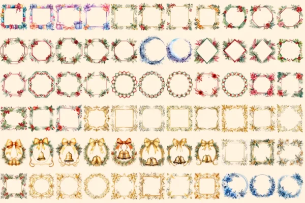 Christmas Borders Watercolor Clipart Bundle - 455+ transparent PNG, Xmas frames art, Festive border designs, Commercial use,Digital download