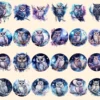 Celestial Owls Watercolor Clipart Bundle - 215+ transparent PNG, Galaxy night images, Mystical fantasy art, Commercial use, Digital download