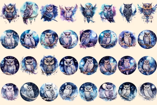 Celestial Owls Watercolor Clipart Bundle - 215+ transparent PNG, Galaxy night images, Mystical fantasy art, Commercial use, Digital download