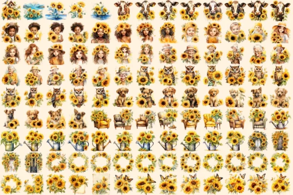 Sunflowers Watercolor Clipart Bundle - 776+ transparent PNG, Vibrant sunflower png, Radiant summer flowers, Commercial use, Digital download