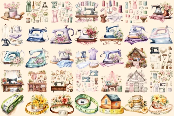 Sewing Watercolor Clipart Bundle - 240+ transparent PNG, Sewing machines illustrations, Sewing kit images, Commercial use, Digital download