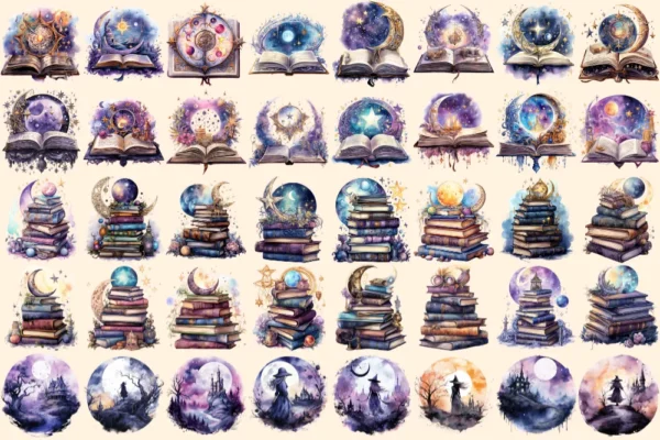 Moon Witches Watercolor Clipart Bundle - 260+ transparent PNG, Fantasy mystical images, Magical fairytale, Commercial use, Digital download