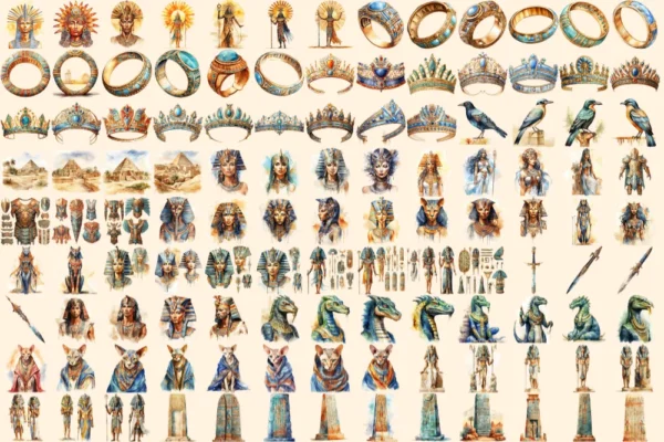 Ancient Egypt Watercolor Clipart Bundle - 770+ transparent PNG, Egyptian illustrations, Pharaohs graphics, Commercial use, Digital download
