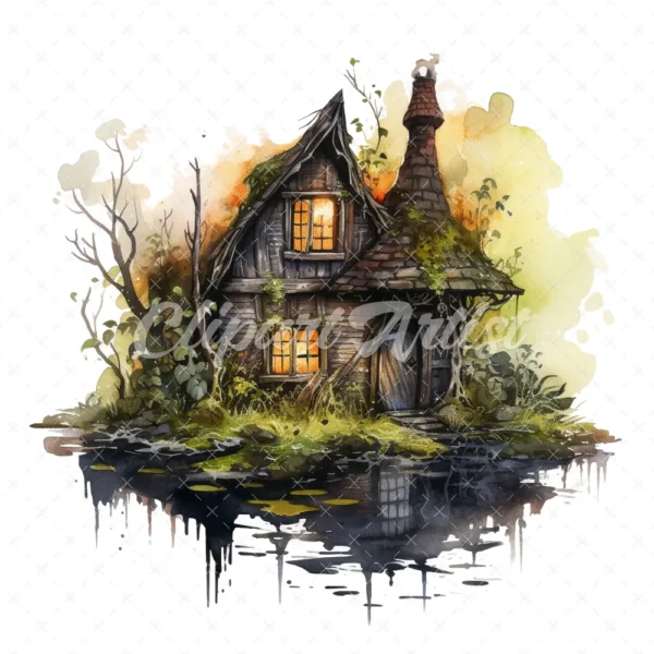 20 High-Quality Swamp Witch Houses Clipart - Witch houses digital watercolor JPG instant download for commercial use - Digital download