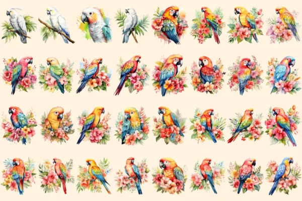 Parrots Watercolor Clipart Bundle - 205+ transparent PNG, Tropical parrot summer graphics, Parrots clipart, Commercial use, Digital download