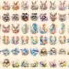 Floral Animals Watercolor Clipart Bundle - 450+ transparent PNG, Adorable animals png, Flower animal decor, Commercial use, Digital download