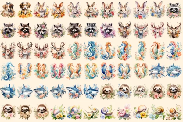 Floral Animals Watercolor Clipart Bundle - 450+ transparent PNG, Adorable animals png, Flower animal decor, Commercial use, Digital download