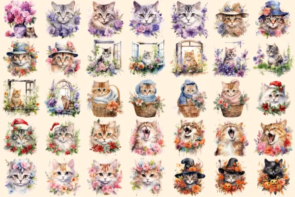 Flower Cats Watercolor Clipart Bundle - 223+ transparent PNG, Charming kitten graphics, Fantasy kitten art, Commercial use, Digital download