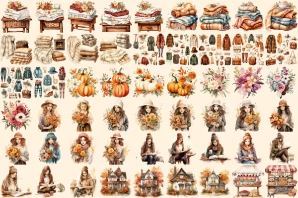Autumn Whispers Watercolor Clipart Bundle - 360+ transparent PNG, Warm autumn graphics, Seasonal leaf png, Commercial use, Digital download