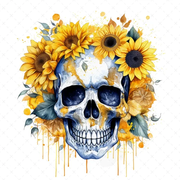 18 High-Quality Sunflower Skulls Clipart - Yellow sunflower skulls digital JPG instant download for commercial use - Digital download
