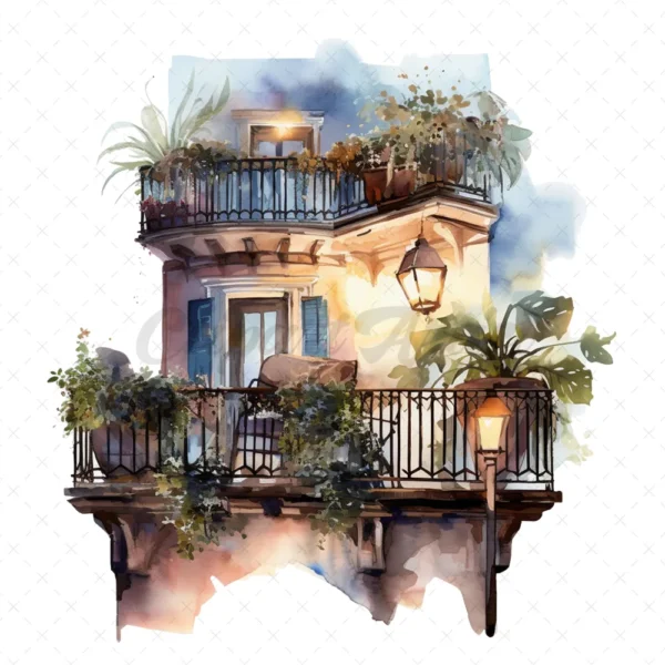 21 High-Quality Night Balconies Clipart - Night balconies digital watercolor JPG instant download for commercial use - Digital download