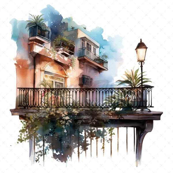 21 High-Quality Night Balconies Clipart - Night balconies digital watercolor JPG instant download for commercial use - Digital download