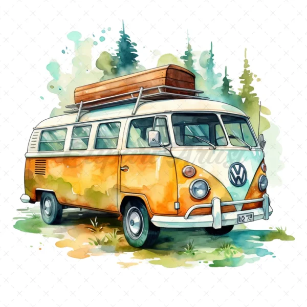 19 High-Quality Camping Bus Clipart - Camping bus digital watercolor JPG instant download for commercial use - Digital download