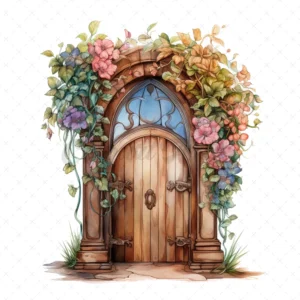 20 High-Quality Floral Wooden Doors Clipart - Wooden doors digital watercolor JPG instant download for commercial use - Digital download